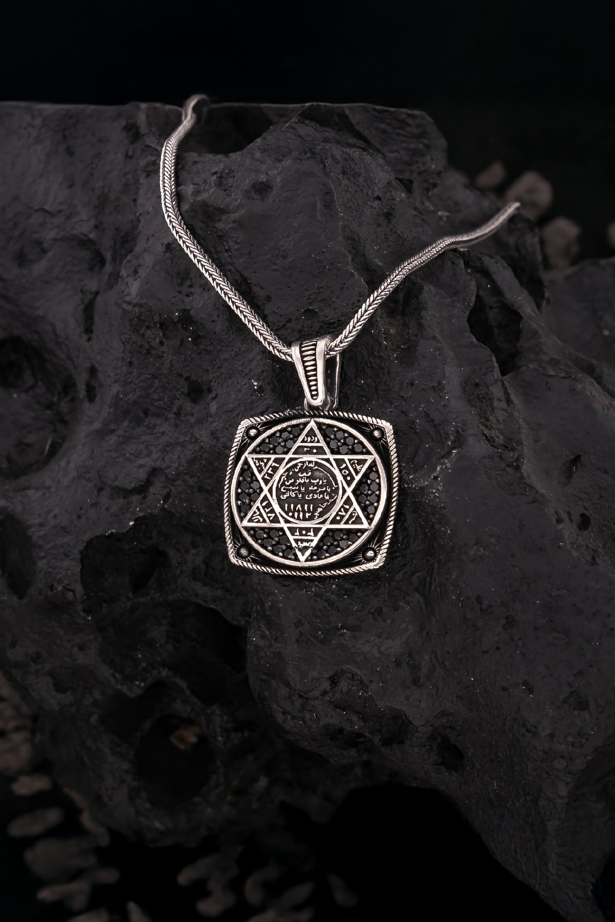 925 Ayar Gümüş Hz. Süleyman Mührü Kare Erkek Kolye