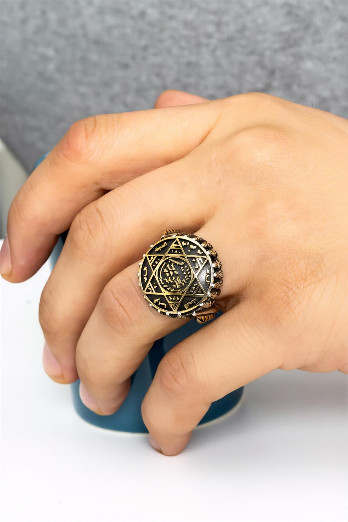 925 Ayar Gümüş Hz. Süleyman Mührü Motifli Erkek Yüzük