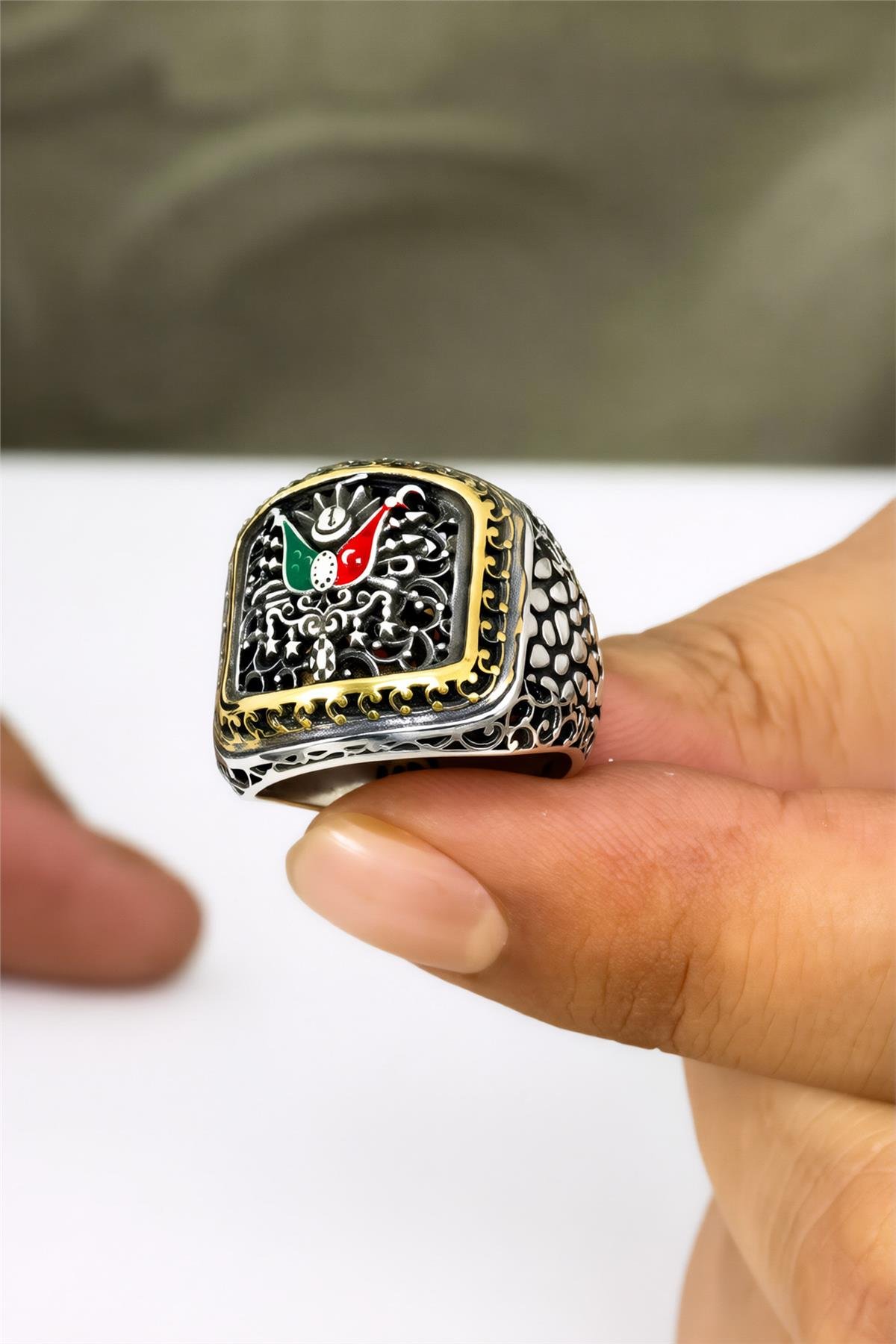 925 Ayar Gümüş Karartmalı Telkari Desenli Osmanlı Devlet Arması Erkek Yüzük