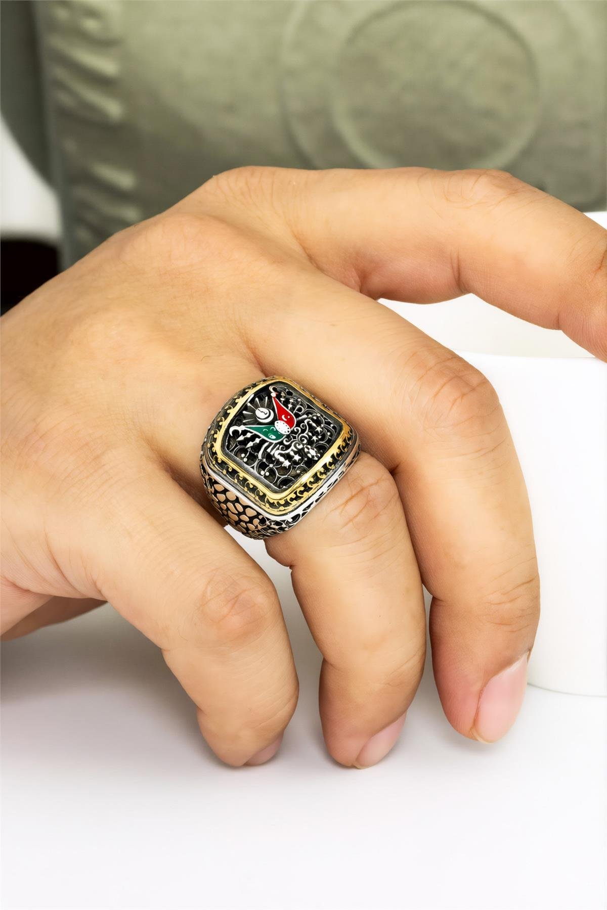 925 Ayar Gümüş Karartmalı Telkari Desenli Osmanlı Devlet Arması Erkek Yüzük
