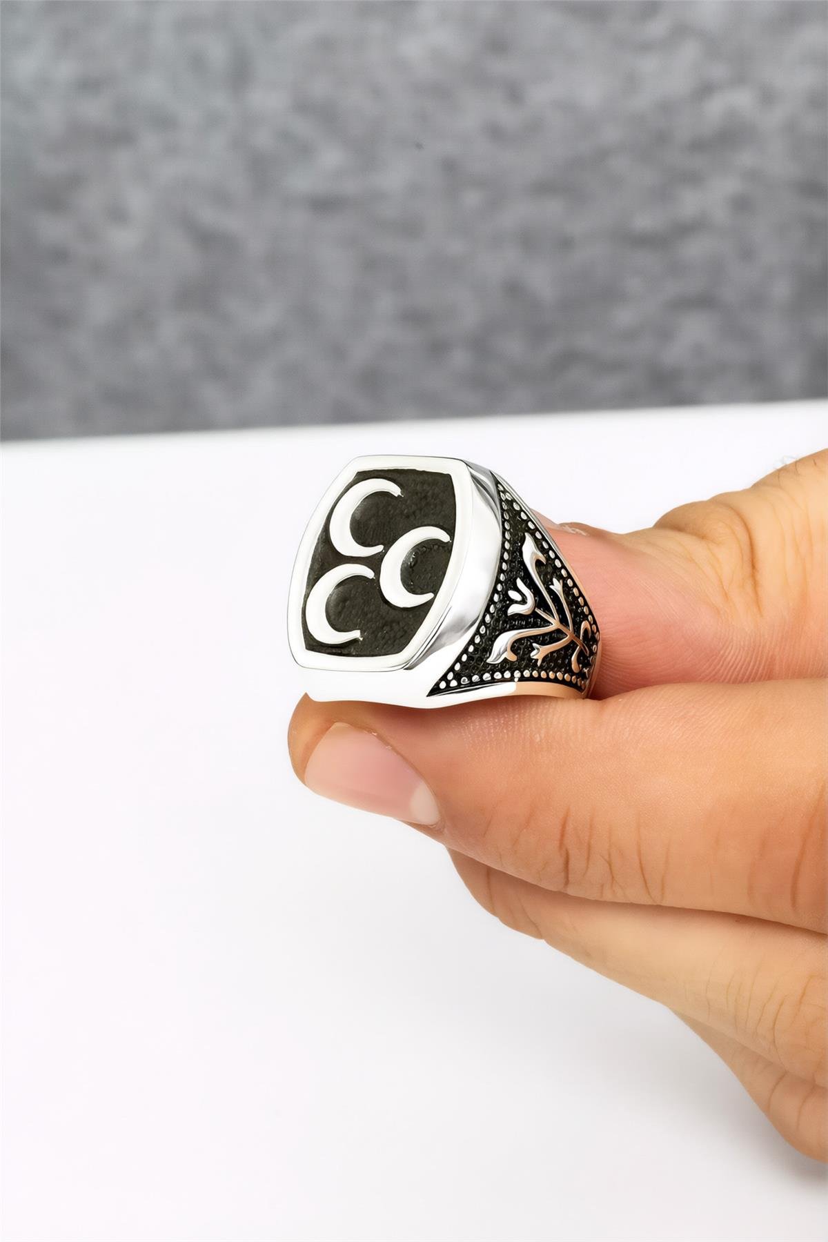 925 Ayar Gümüş Karartmalı Üç Hilal Motifli Erkek Yüzük