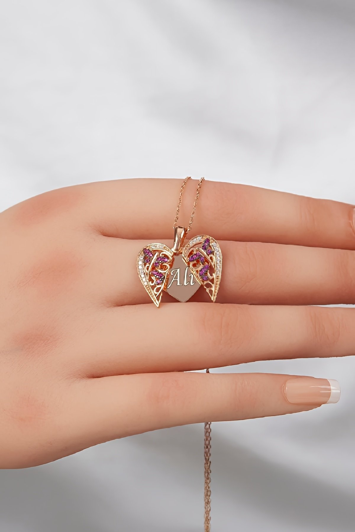 925 Ayar Gümüş Melek Kanadı Rose Renk İsimli Bayan Kolye