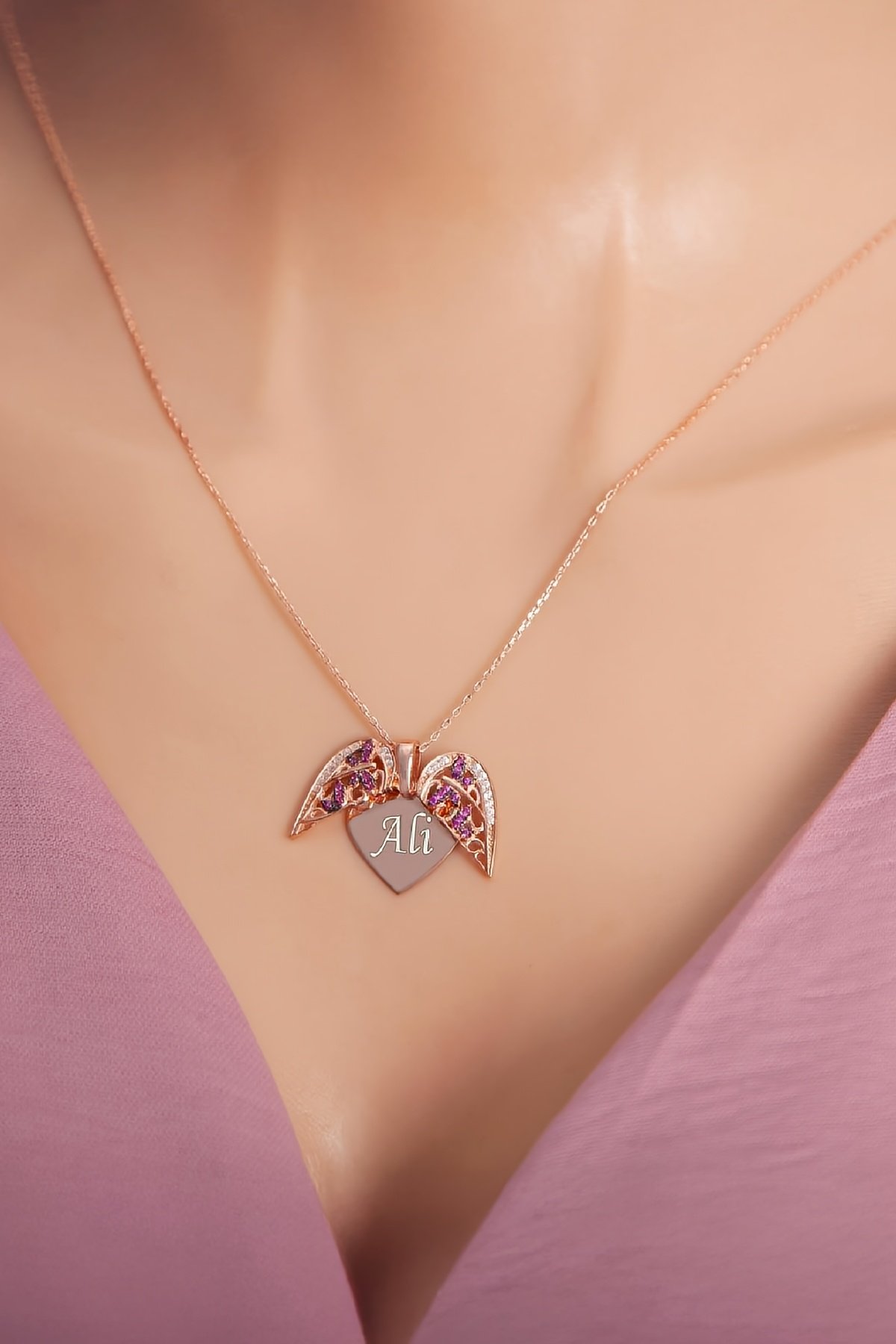 925 Ayar Gümüş Melek Kanadı Rose Renk İsimli Bayan Kolye