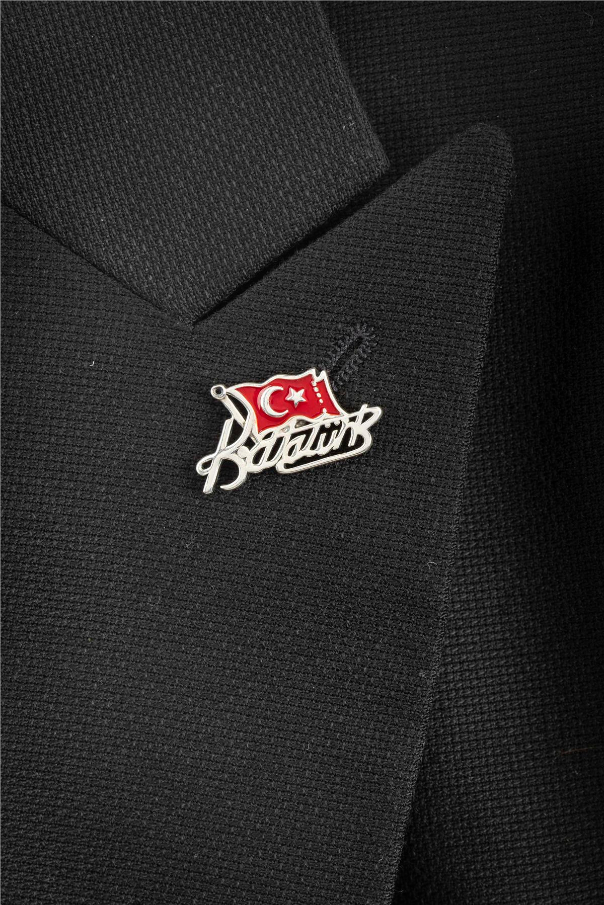 925 Ayar Gümüş Mineli Atatürk İmzalı Türk Bayrağı Rozet