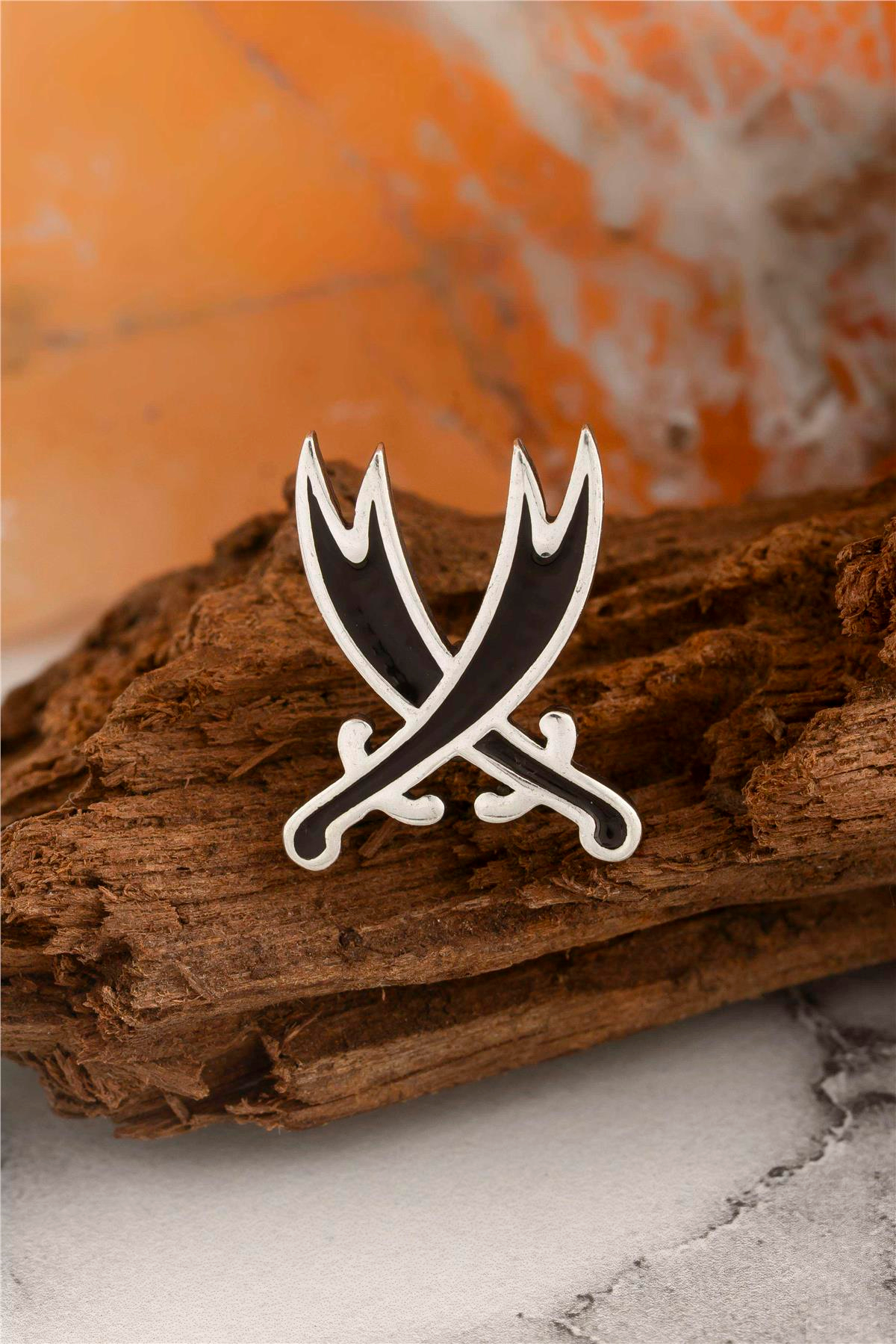 925 Ayar Gümüş Mineli Çift Kılıç Zülfikar Rozet