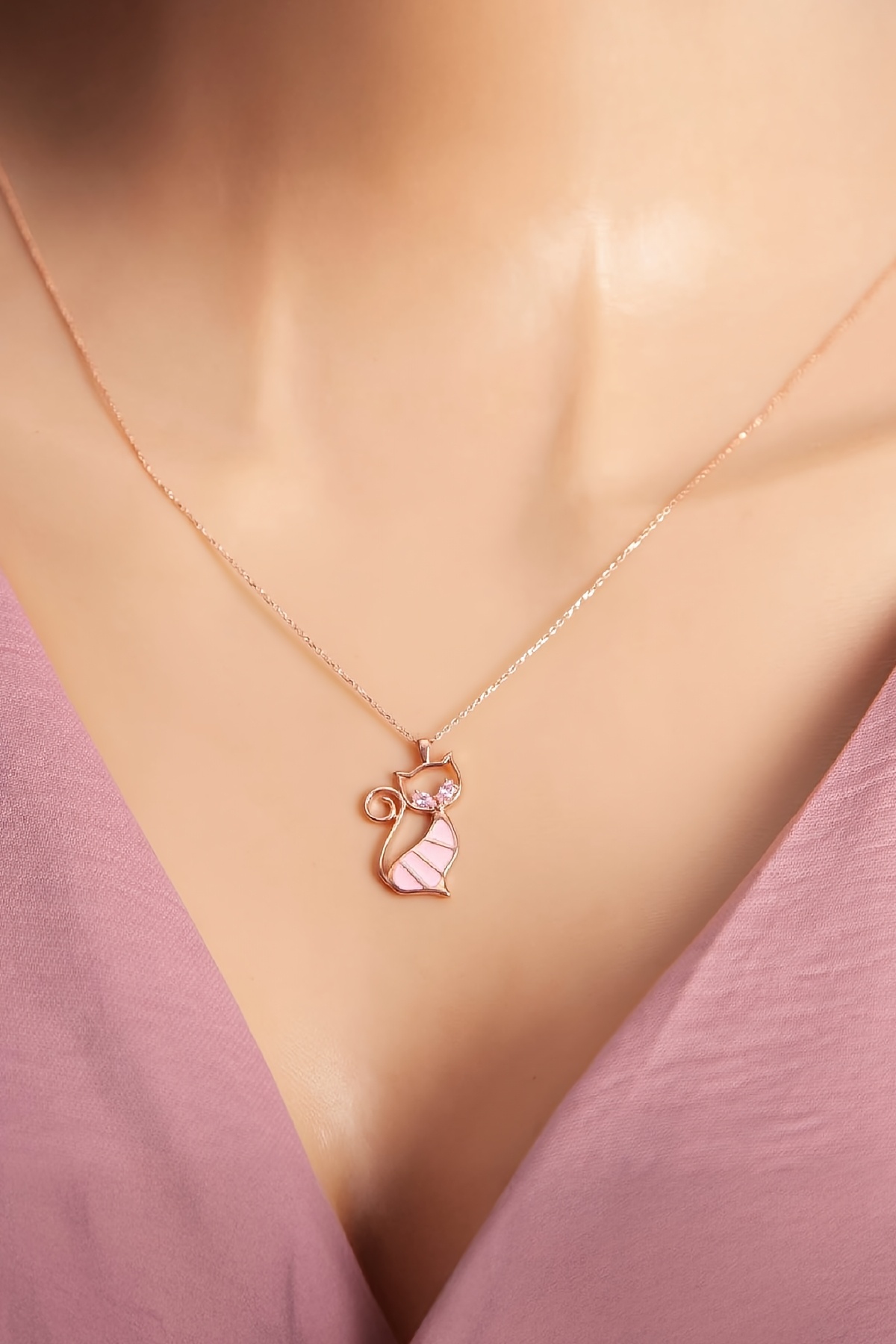 925 Ayar Gümüş Mineli Kedi Bayan Kolye