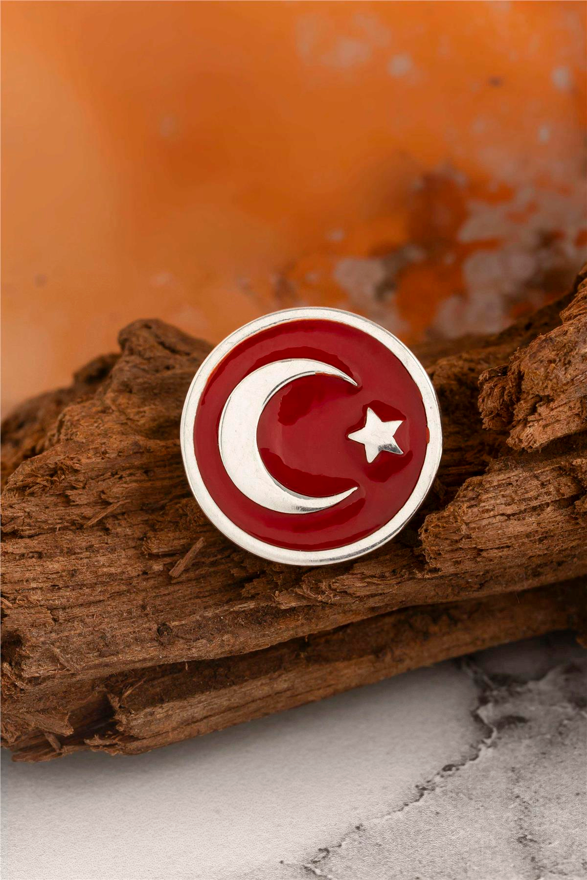 925 Ayar Gümüş Mineli Yuvarlak Ayyıldız Rozet