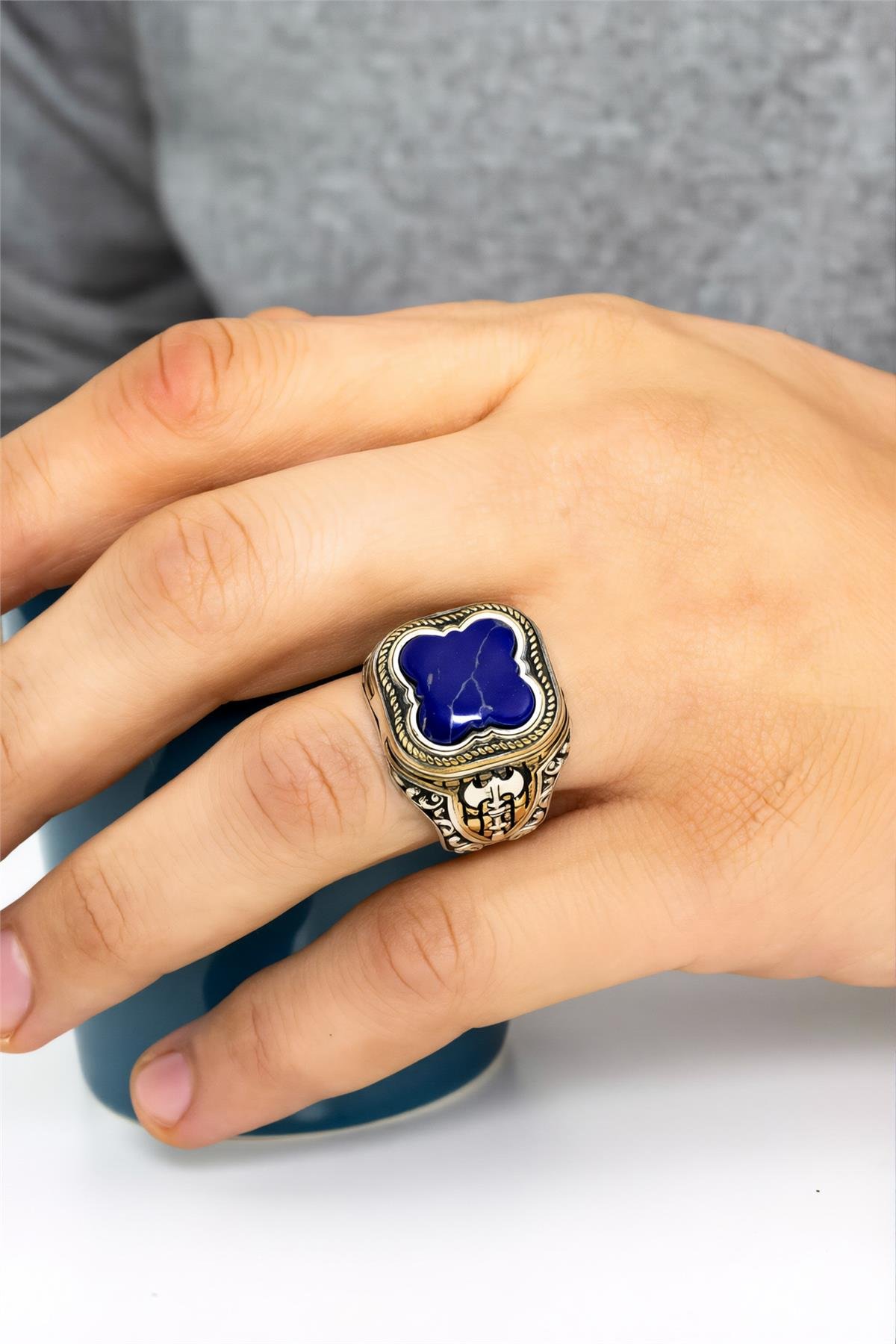 925 Ayar Gümüş Opal Taşlı Balta Motifli Erkek Yüzük