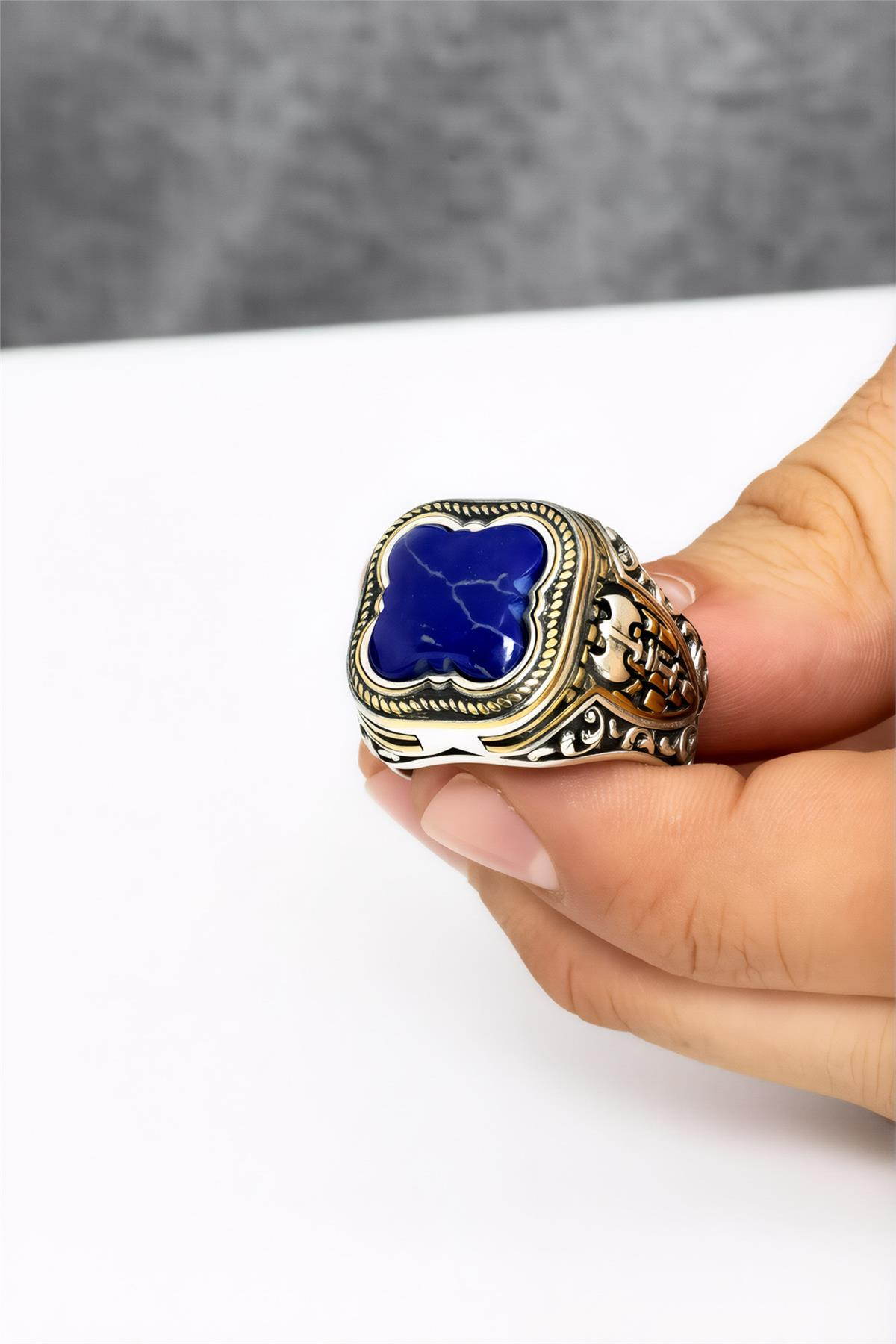 925 Ayar Gümüş Opal Taşlı Balta Motifli Erkek Yüzük