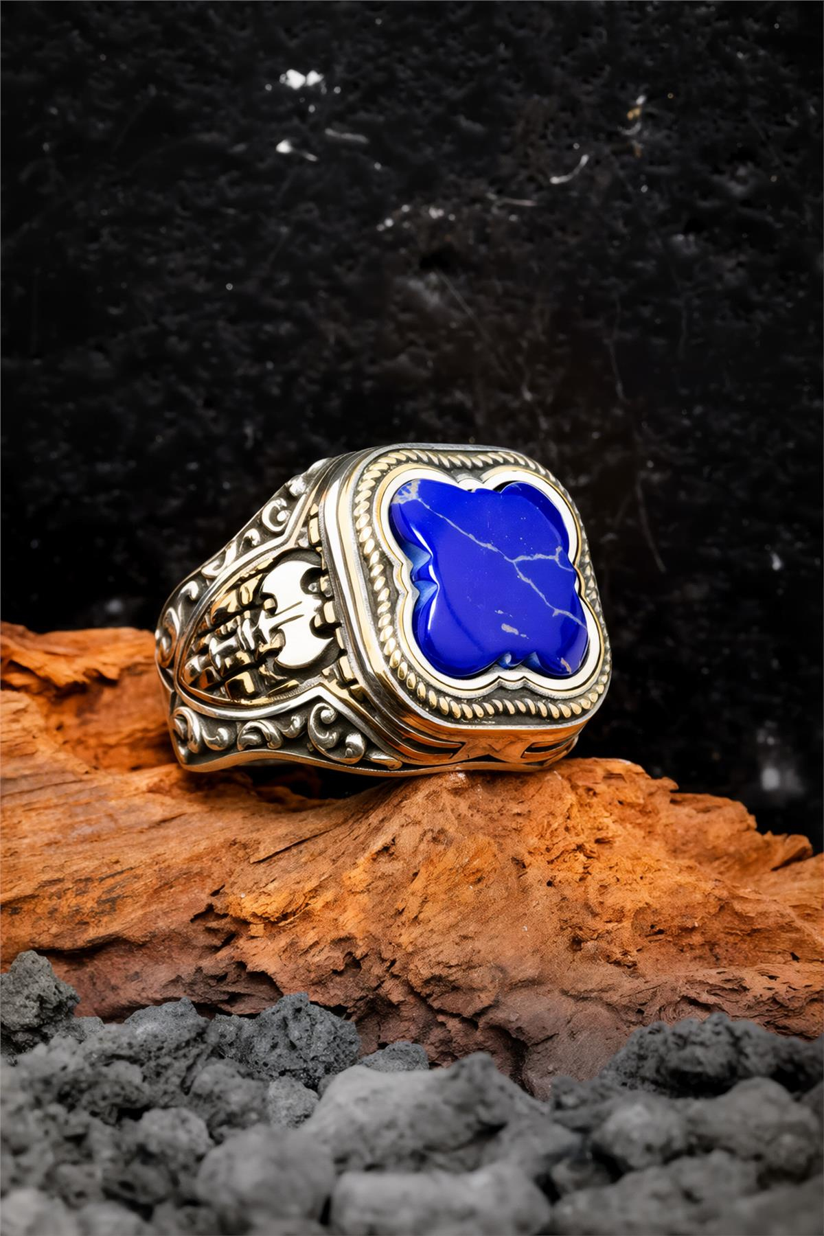 925 Ayar Gümüş Opal Taşlı Balta Motifli Erkek Yüzük