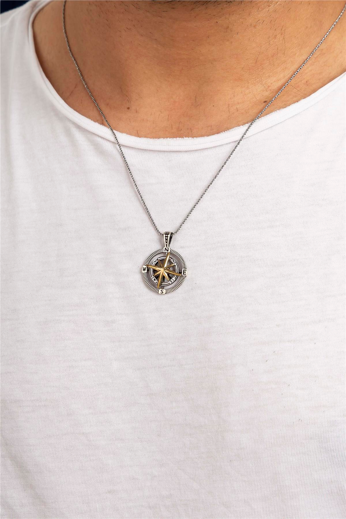 925 Ayar Gümüş Ortası Hareketli Pusula Erkek Kolye