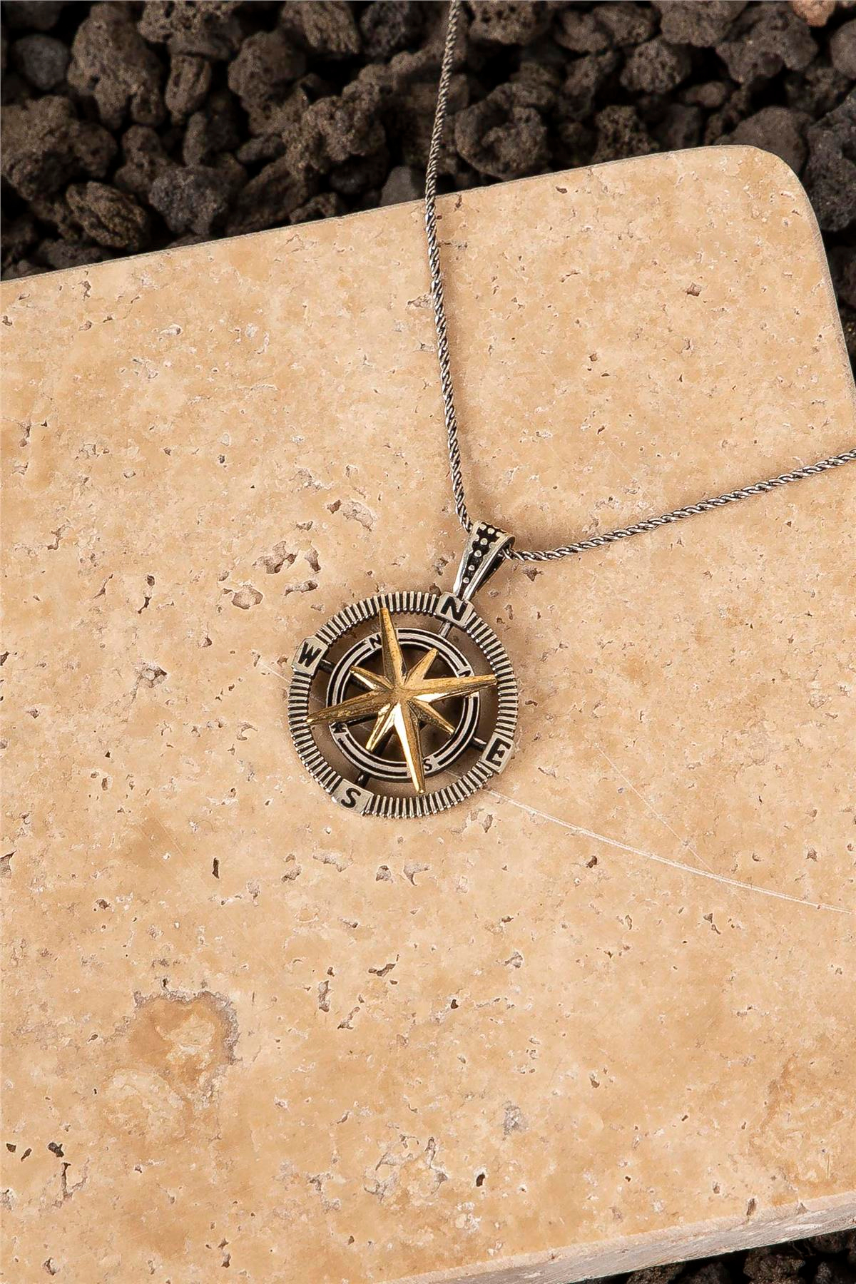 925 Ayar Gümüş Ortası Hareketli Pusula Erkek Kolye