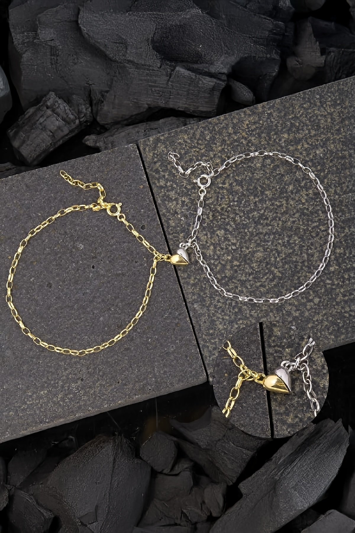 925 Ayar Gümüş Rodyum Gold Mıknatıslı Çift Kalp Aşk Bileklik