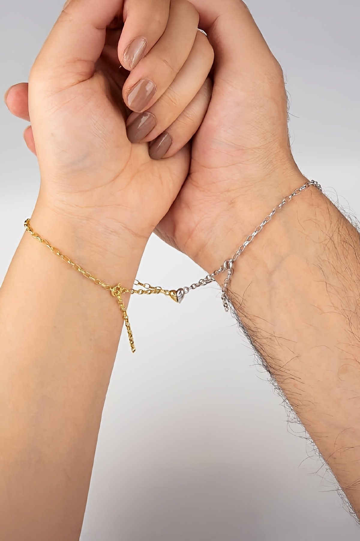 925 Ayar Gümüş Rodyum Gold Mıknatıslı Çift Kalp Aşk Bileklik