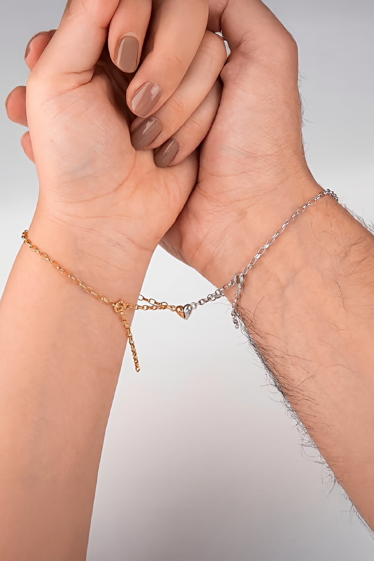 925 Ayar Gümüş Rodyum Rose Mıknatıslı Çift Kalp Aşk Bileklik