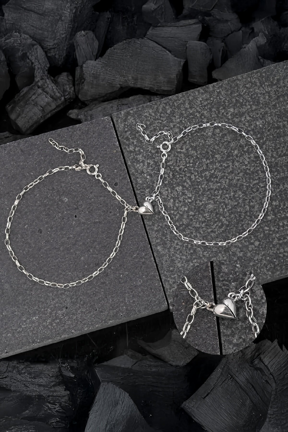 925 Ayar Gümüş Rodyumlu Mıknatıslı Çift Kalp Aşk Bileklik