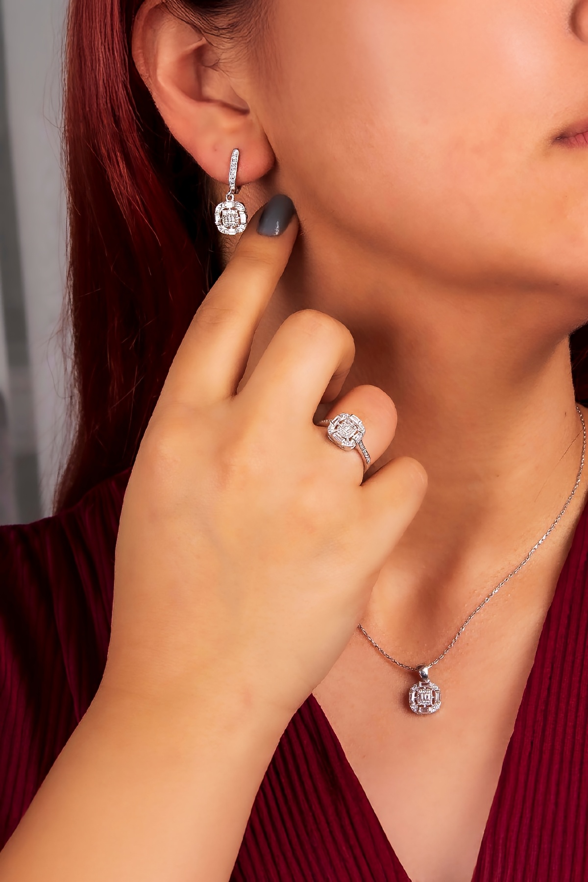 925 Ayar Gümüş Rodyumlu Zirkon Süslemeli Baget Bayan Takı Seti