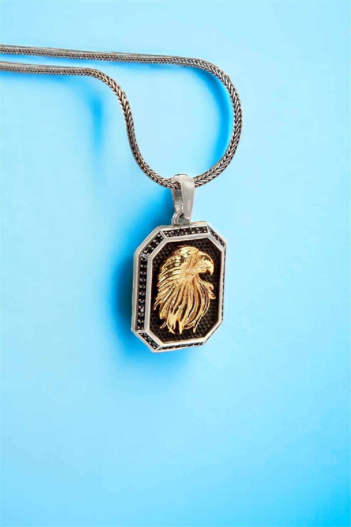 925 Ayar Gümüş Siyah Zirkon Taşlı Kartal Erkek Kolye