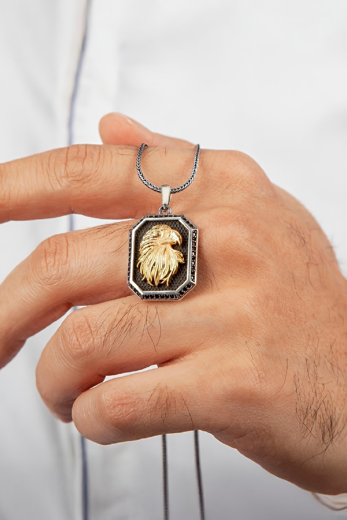 925 Ayar Gümüş Siyah Zirkon Taşlı Kartal Erkek Kolye