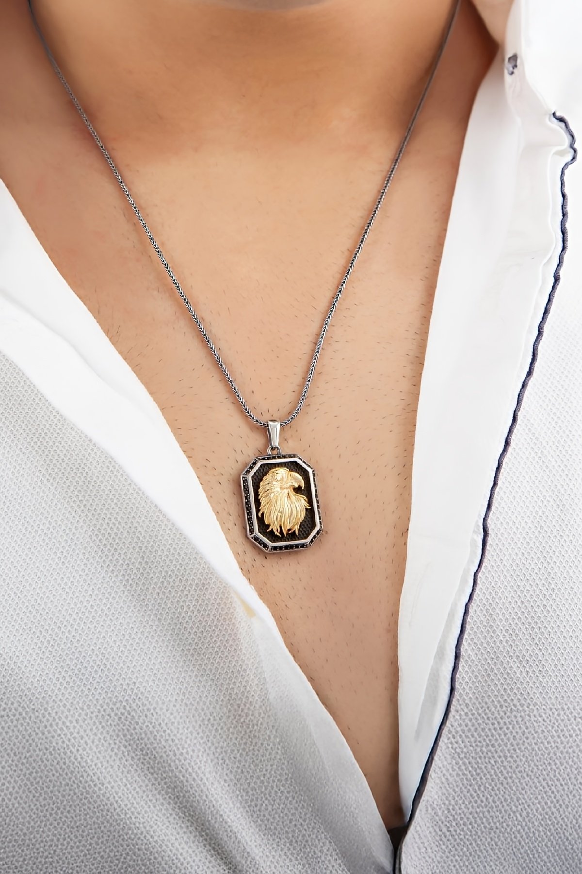 925 Ayar Gümüş Siyah Zirkon Taşlı Kartal Erkek Kolye