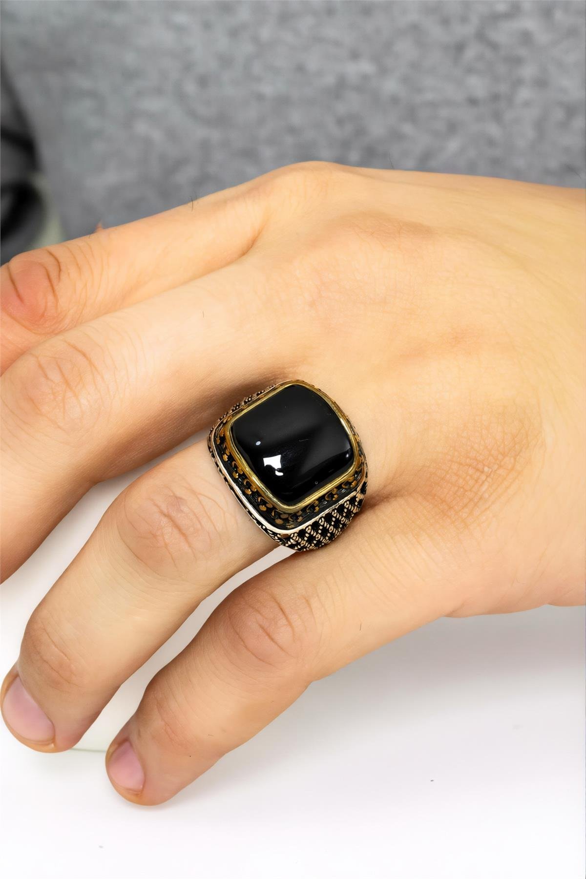 925 Ayar Gümüş Telkari İşlemeli Siyah Karpuz Kesim Erkek Yüzük