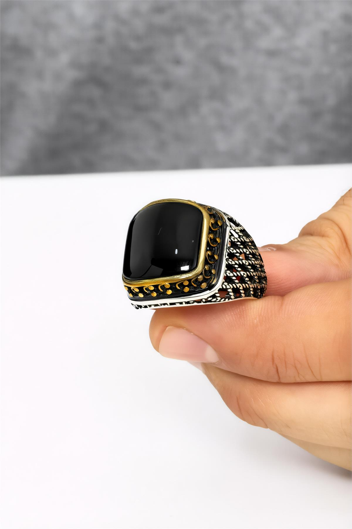 925 Ayar Gümüş Telkari İşlemeli Siyah Karpuz Kesim Erkek Yüzük