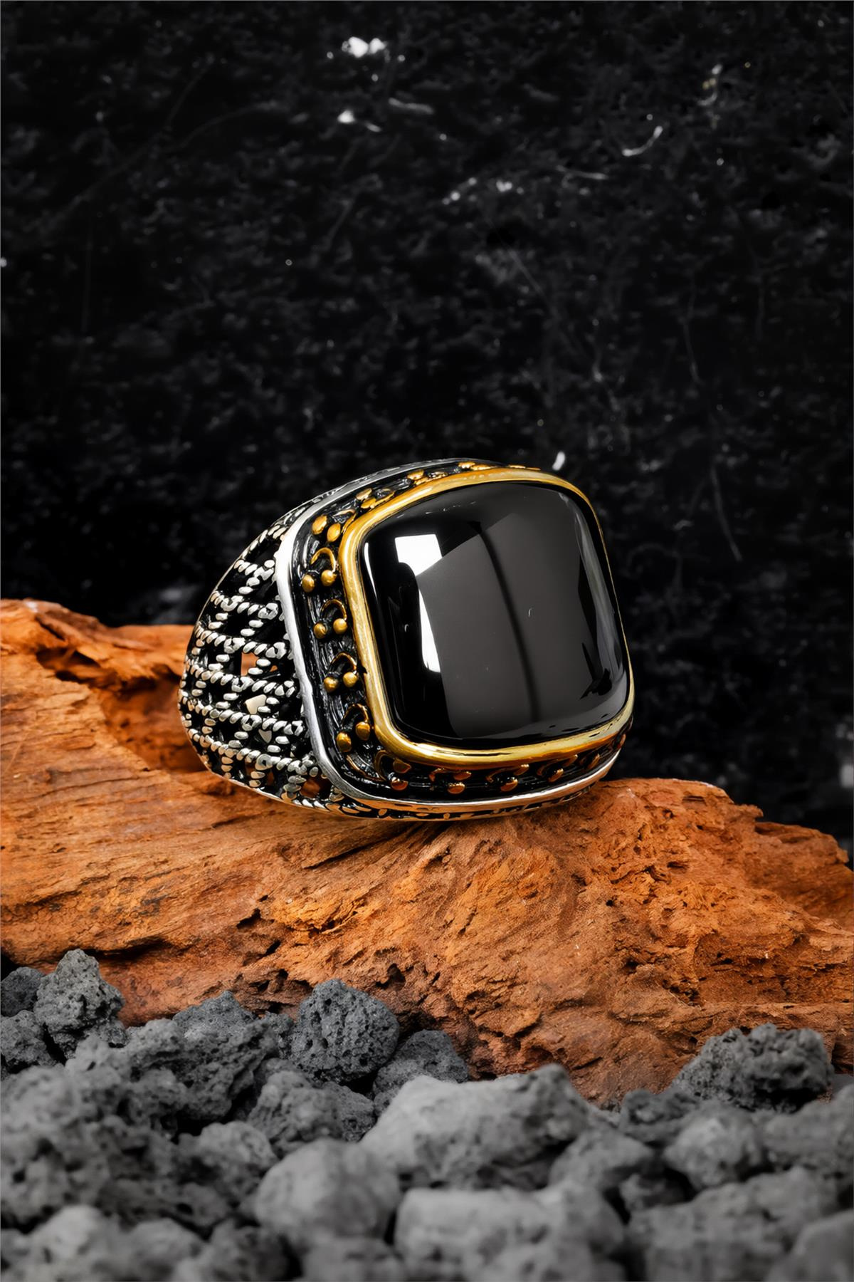 925 Ayar Gümüş Telkari İşlemeli Siyah Karpuz Kesim Erkek Yüzük