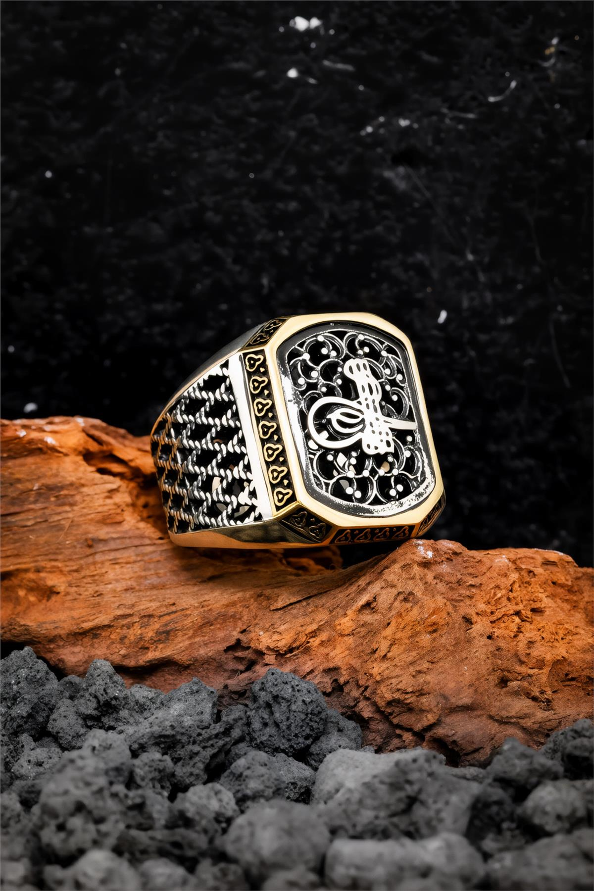 925 Ayar Gümüş Telkari Motifli Tuğralı Erkek Yüzük