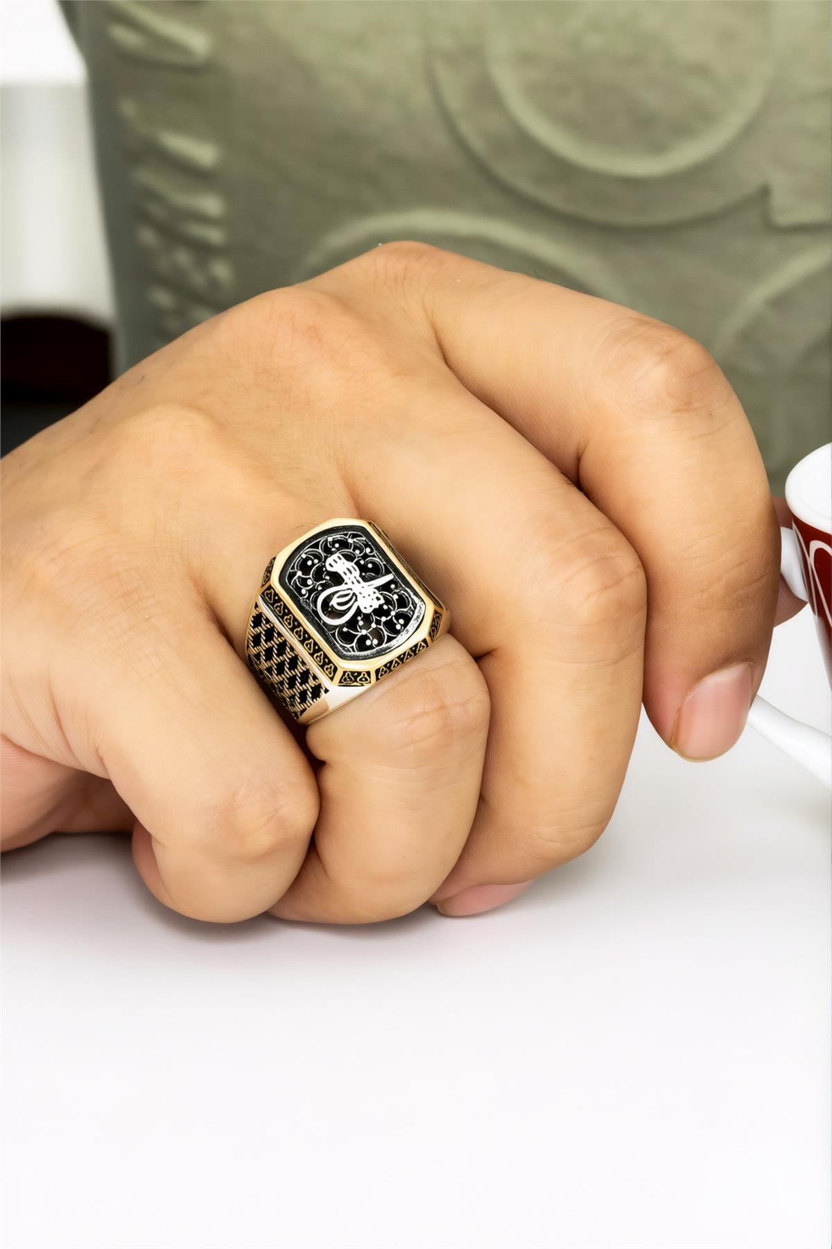 925 Ayar Gümüş Telkari Motifli Tuğralı Erkek Yüzük
