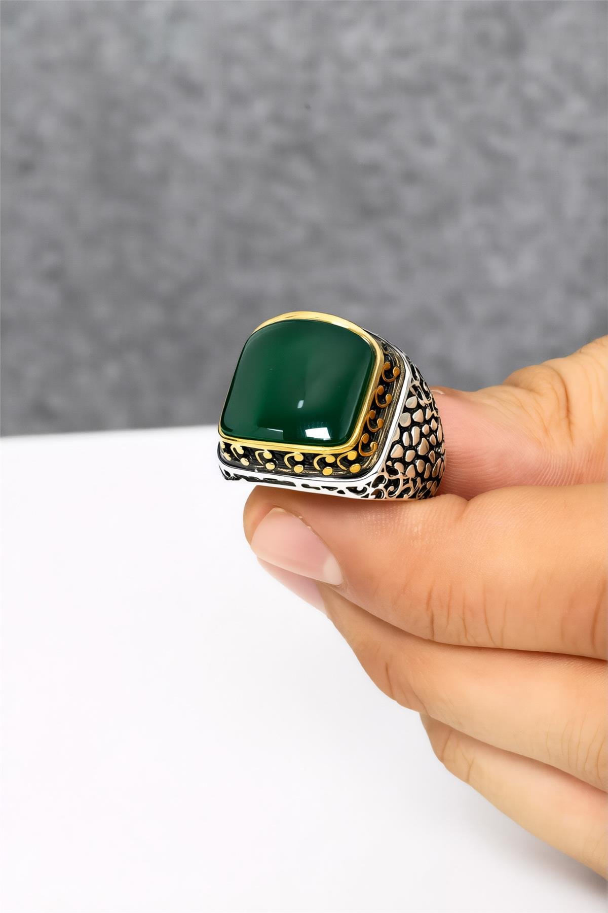 925 Ayar Gümüş Yeşil Karpuz Kesim Erkek Yüzük