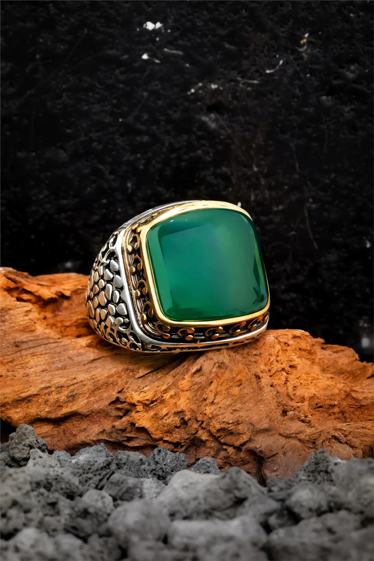 925 Ayar Gümüş Yeşil Karpuz Kesim Erkek Yüzük