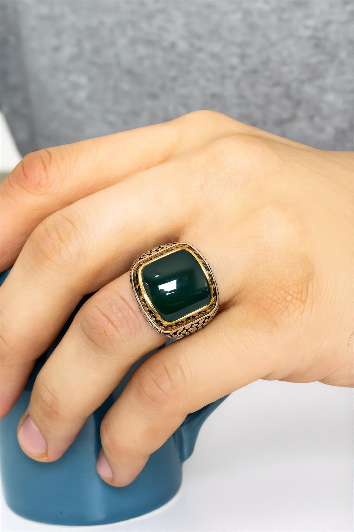 925 Ayar Gümüş Yeşil Karpuz Kesim Erkek Yüzük