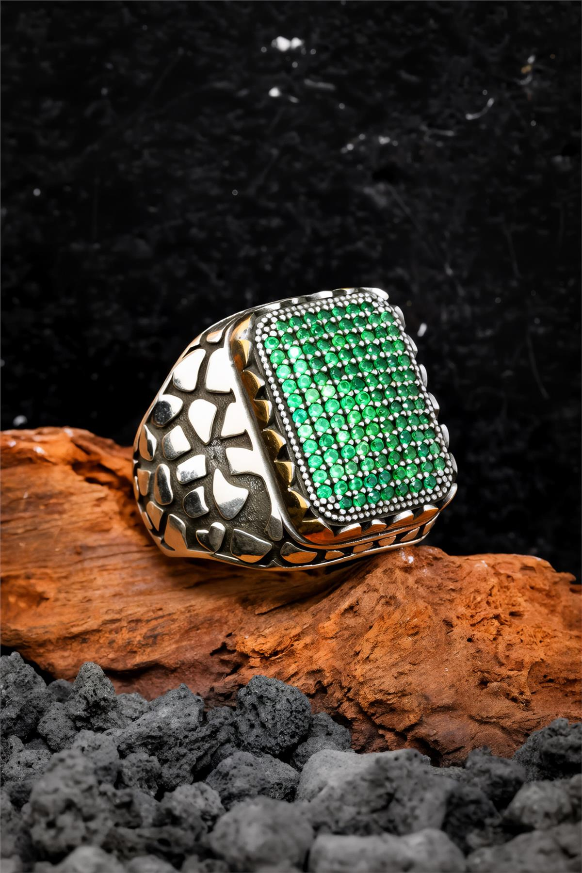 925 Ayar Gümüş Yeşil Mikro Taşlı Erkek Yüzük