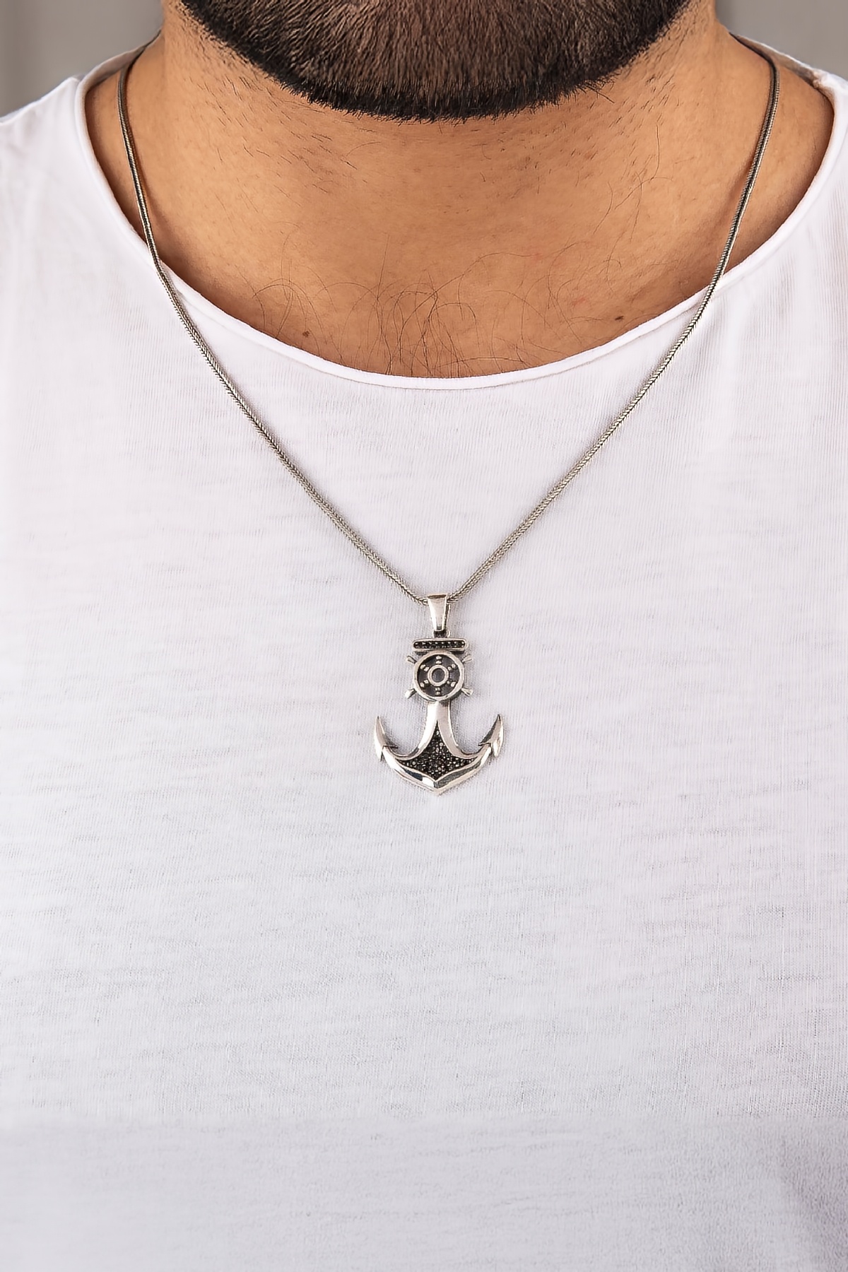 925 Ayar Gümüş Zirkon Süslemeli Çapa ve Dümen Erkek Kolye