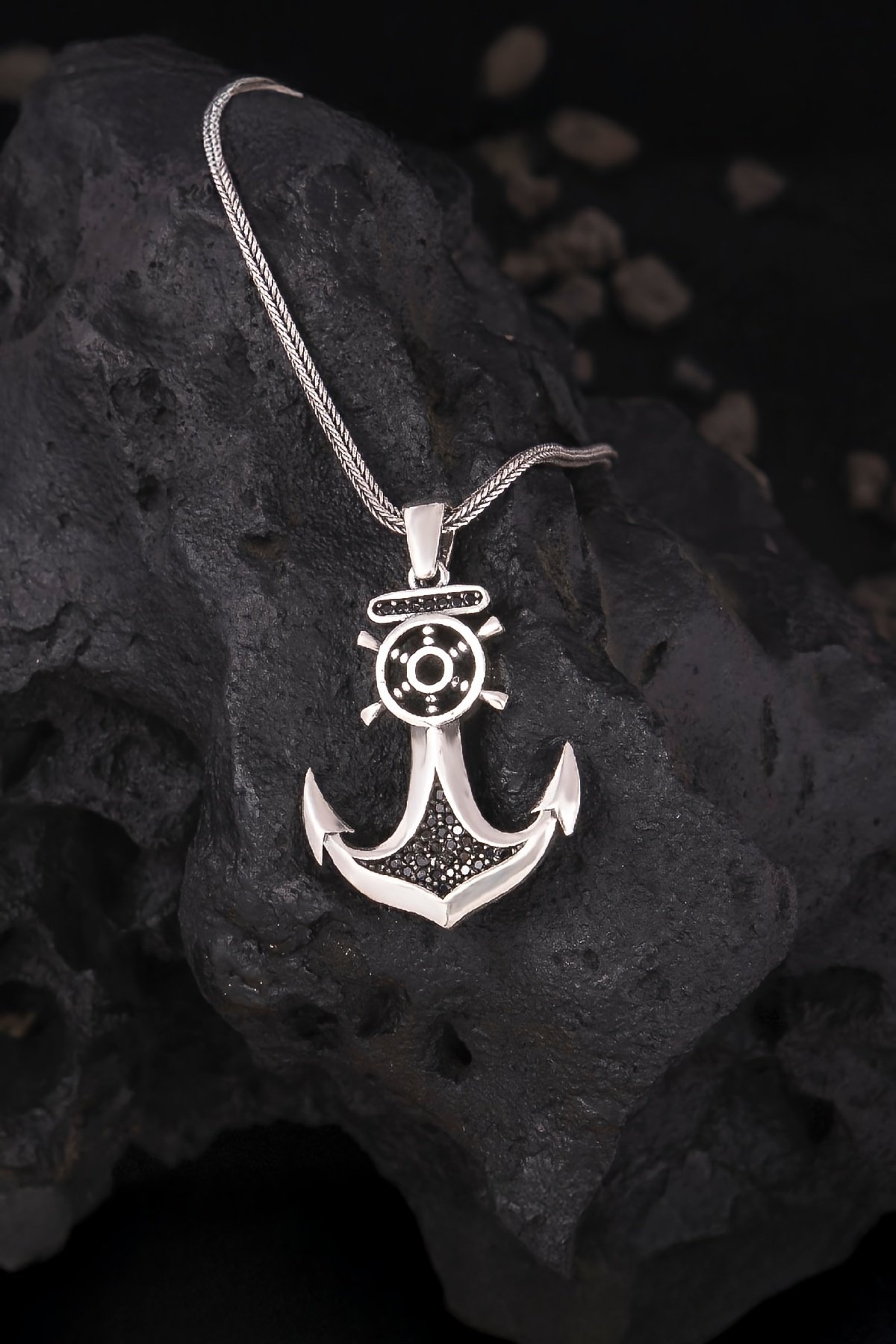 925 Ayar Gümüş Zirkon Süslemeli Çapa ve Dümen Erkek Kolye