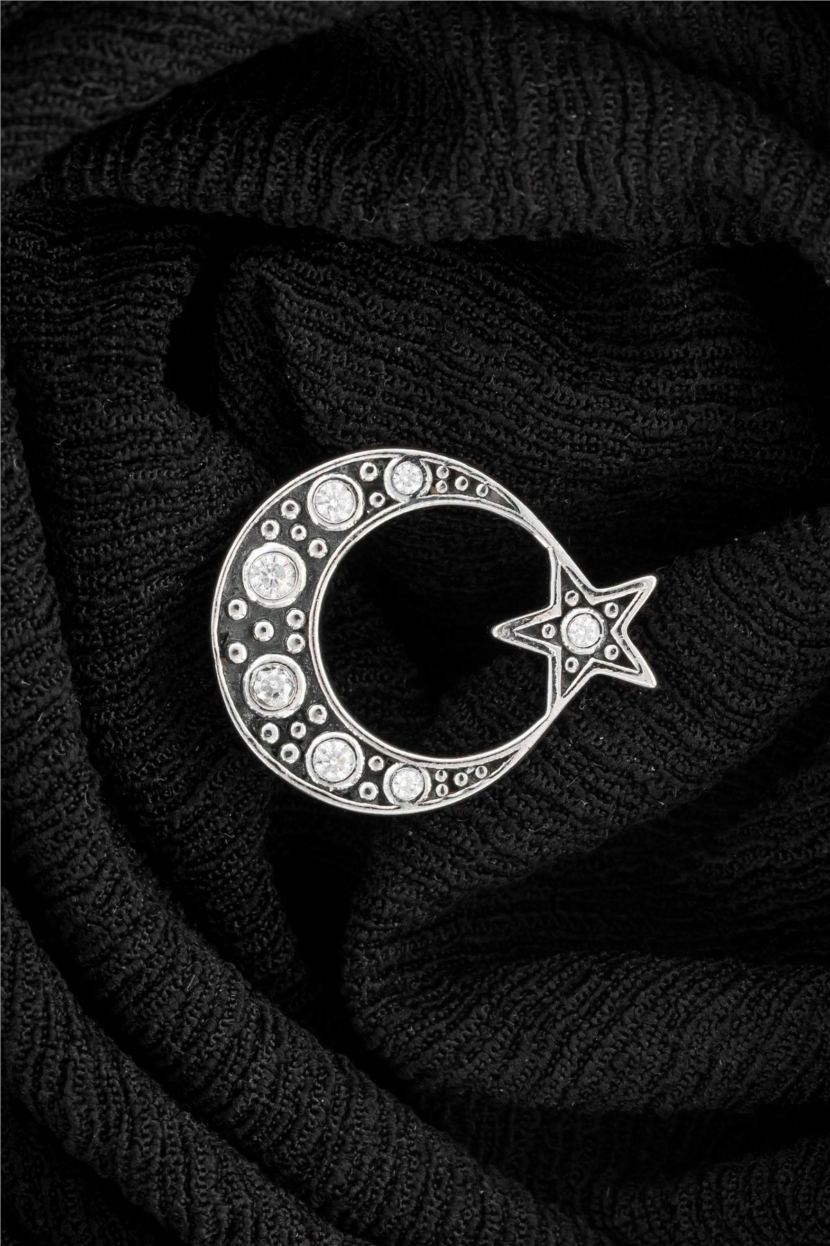 925 Ayar Gümüş Zirkon Taşlı Ayyıldız Rozet