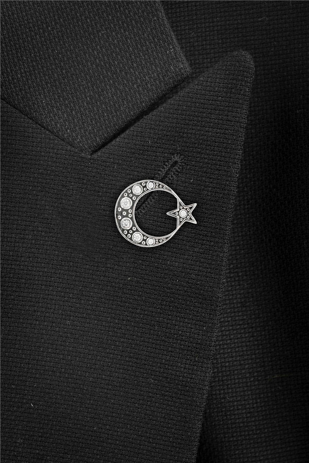 925 Ayar Gümüş Zirkon Taşlı Ayyıldız Rozet