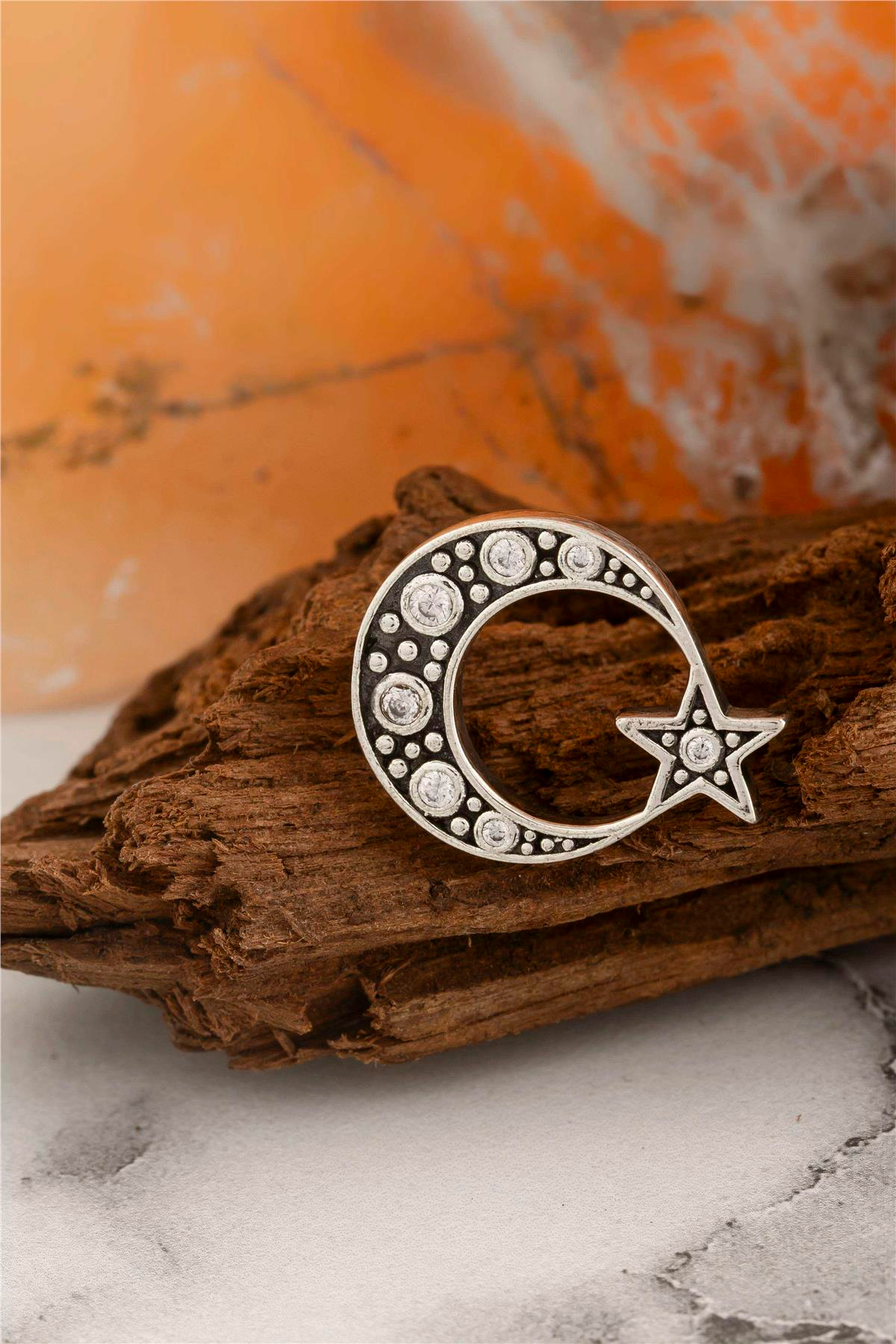 925 Ayar Gümüş Zirkon Taşlı Ayyıldız Rozet