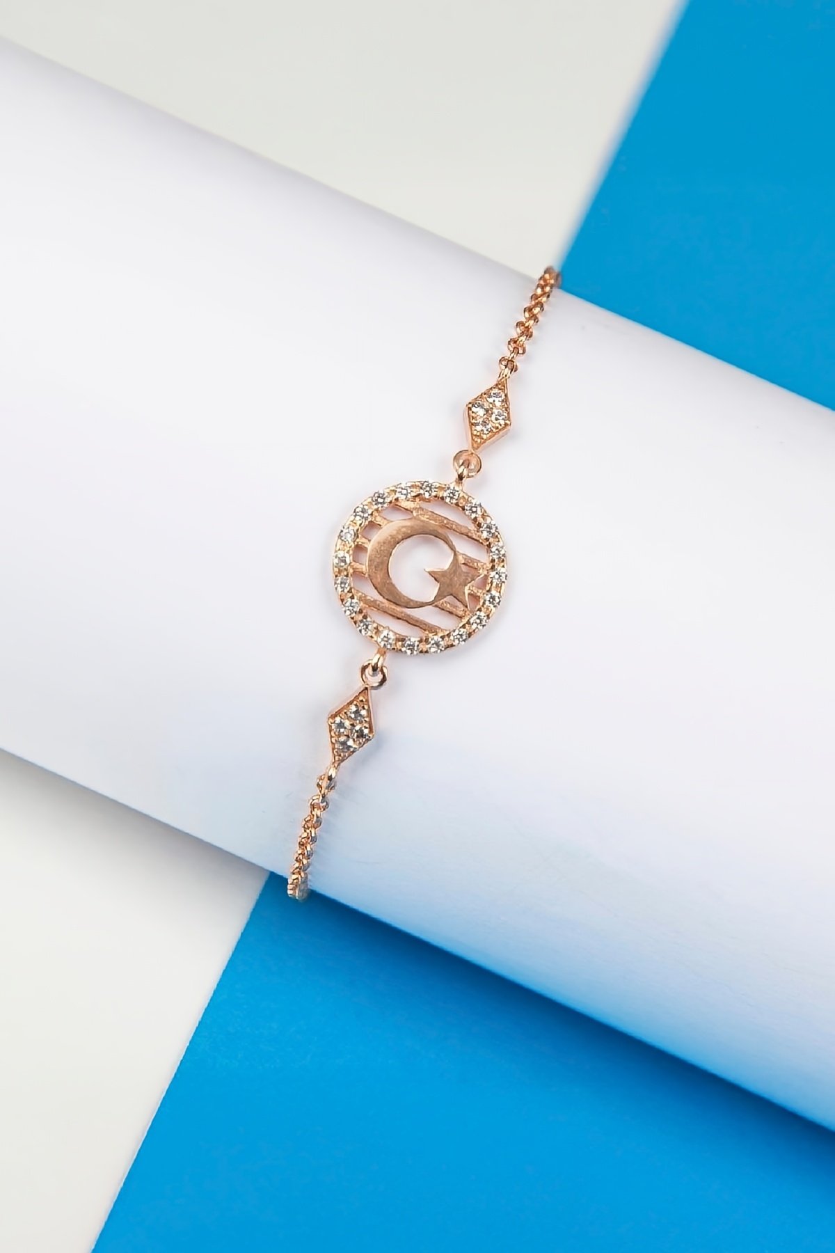 925 Ayar Gümüş Zirkon Taşlı Rose Renk Ayyıldız Bayan Bileklik