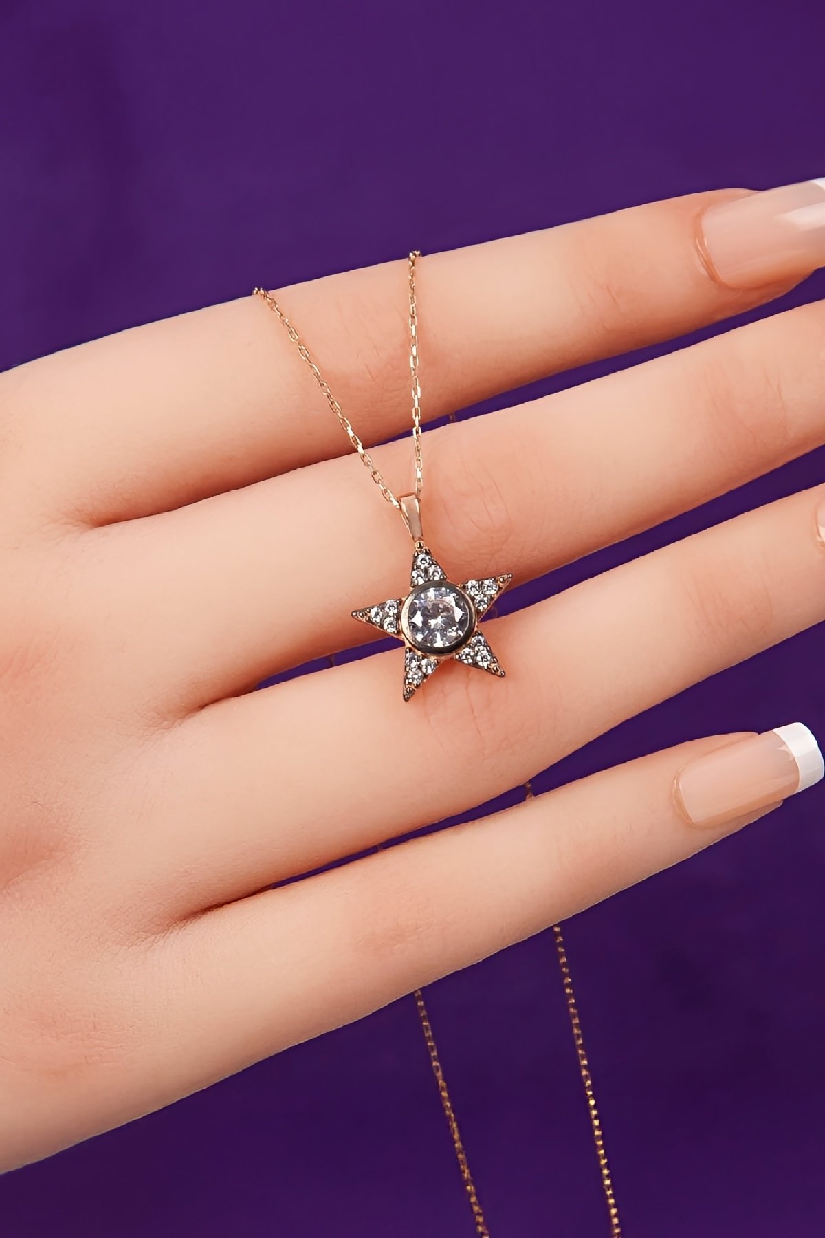 925 Ayar Gümüş Zirkon Taşlı Rose Renk Yıldız Bayan Kolye