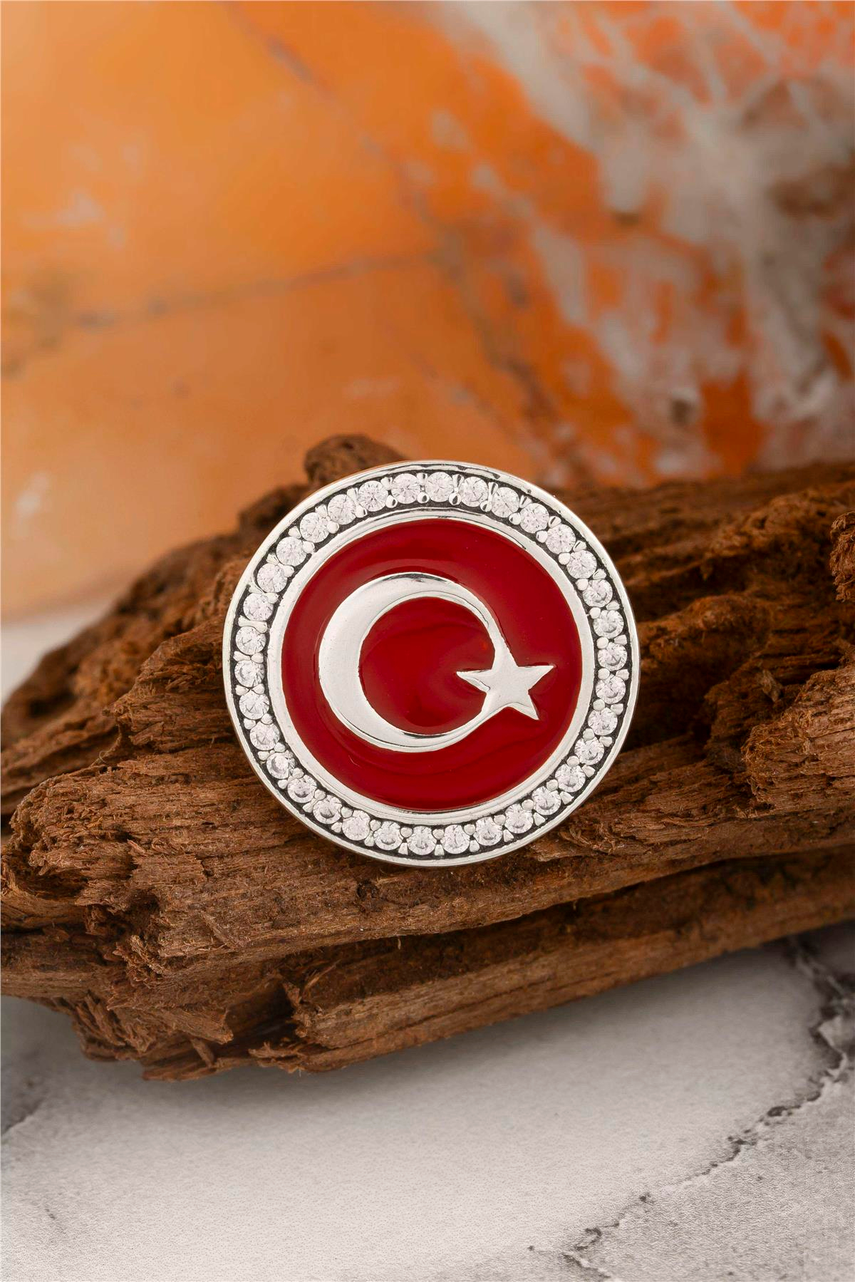 925 Ayar Gümüş Zirkon Taşlı Yuvarlak Ayyıldız Rozet