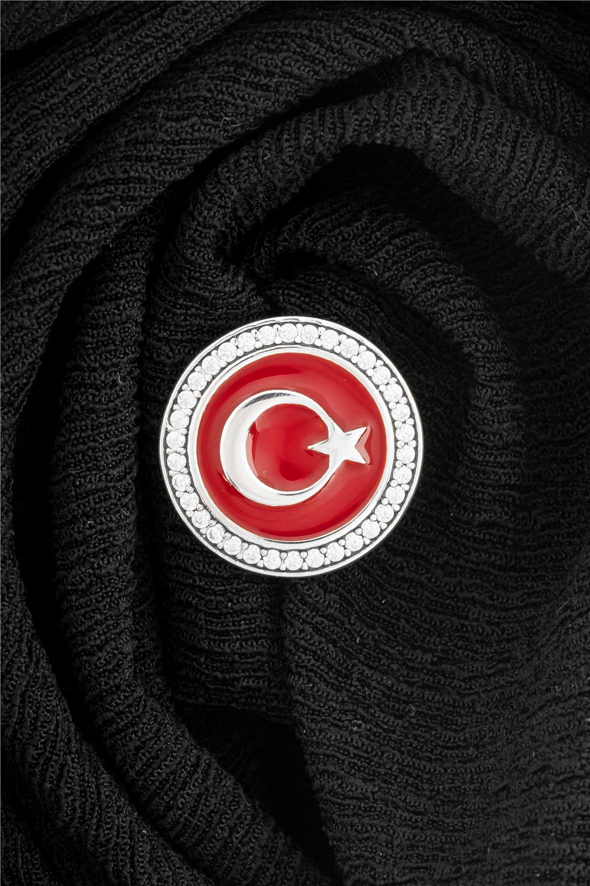 925 Ayar Gümüş Zirkon Taşlı Yuvarlak Ayyıldız Rozet