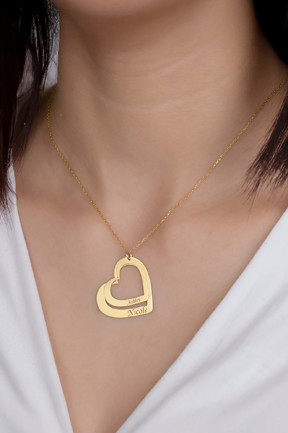Altın Kaplama İsimli Çift Kalp Plaka Gümüş Bayan Kolye