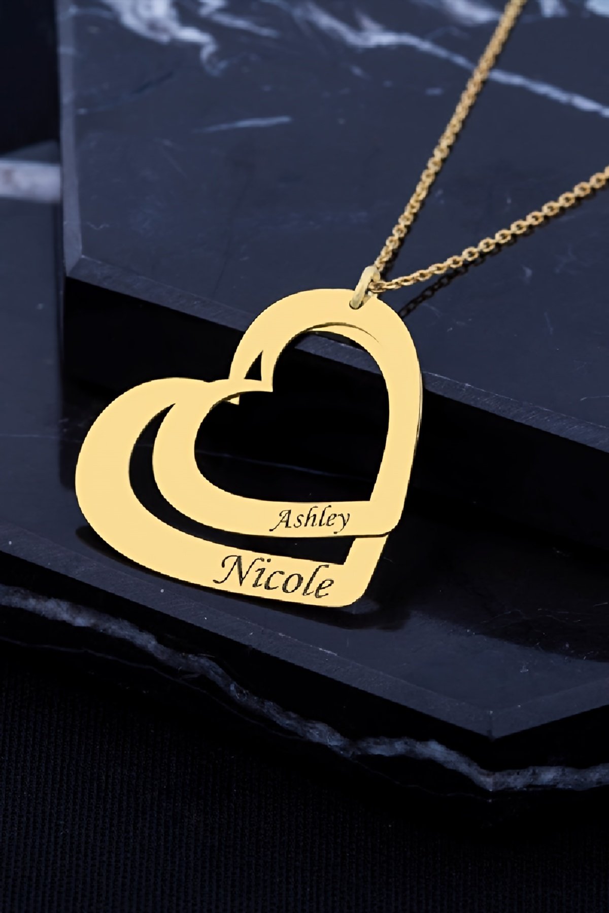 Altın Kaplama İsimli Çift Kalp Plaka Gümüş Bayan Kolye