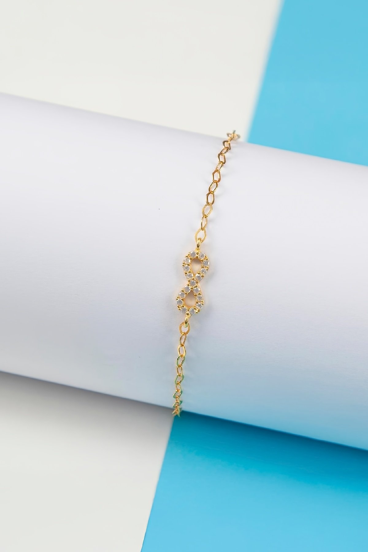 Altın Kaplama Zirkon Taşlı 925 Ayar Gümüş Sonsuzluk Bayan Bileklik