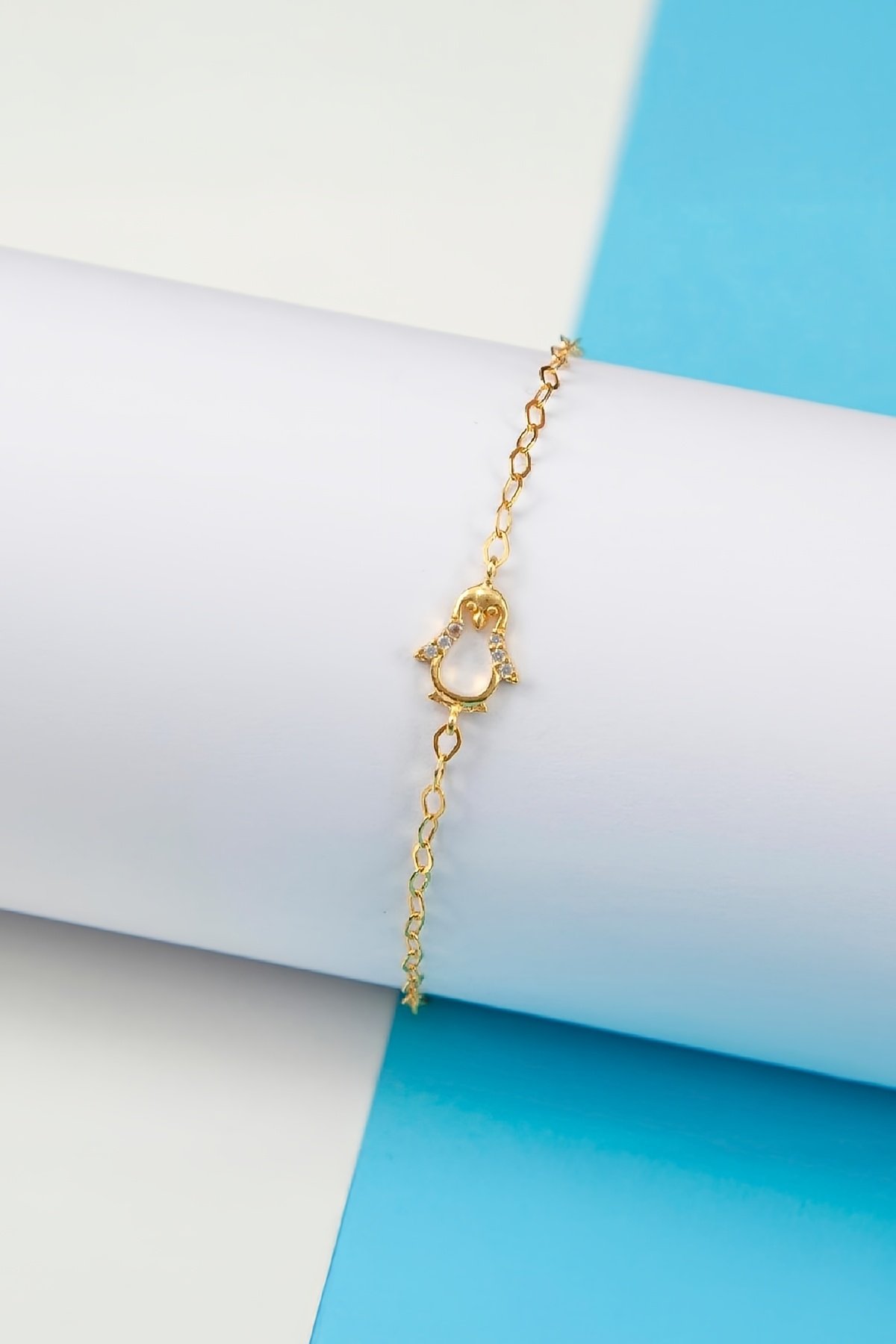 Altın Kaplama Zirkon Taşlı 925 Ayar Gümüş Minimal Penguen Bayan Bileklik