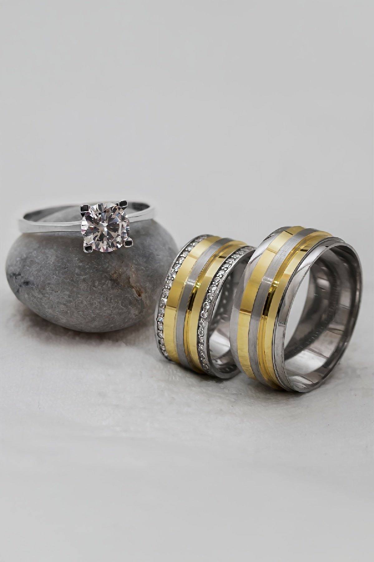 Altın Renk Şeritli Çift Gümüş Alyans (Tektaş Hediyeli)