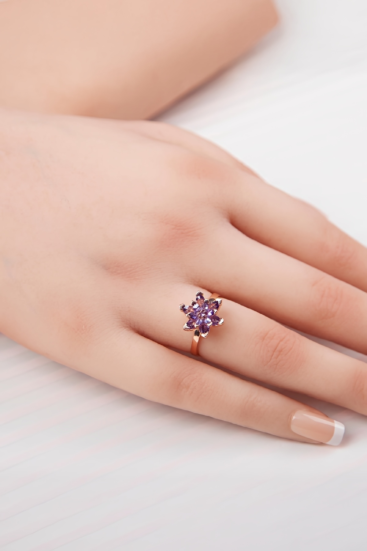 Ametist Taşlı Rose Renk Ayarlanabilir Lotus Gümüş Bayan Yüzük