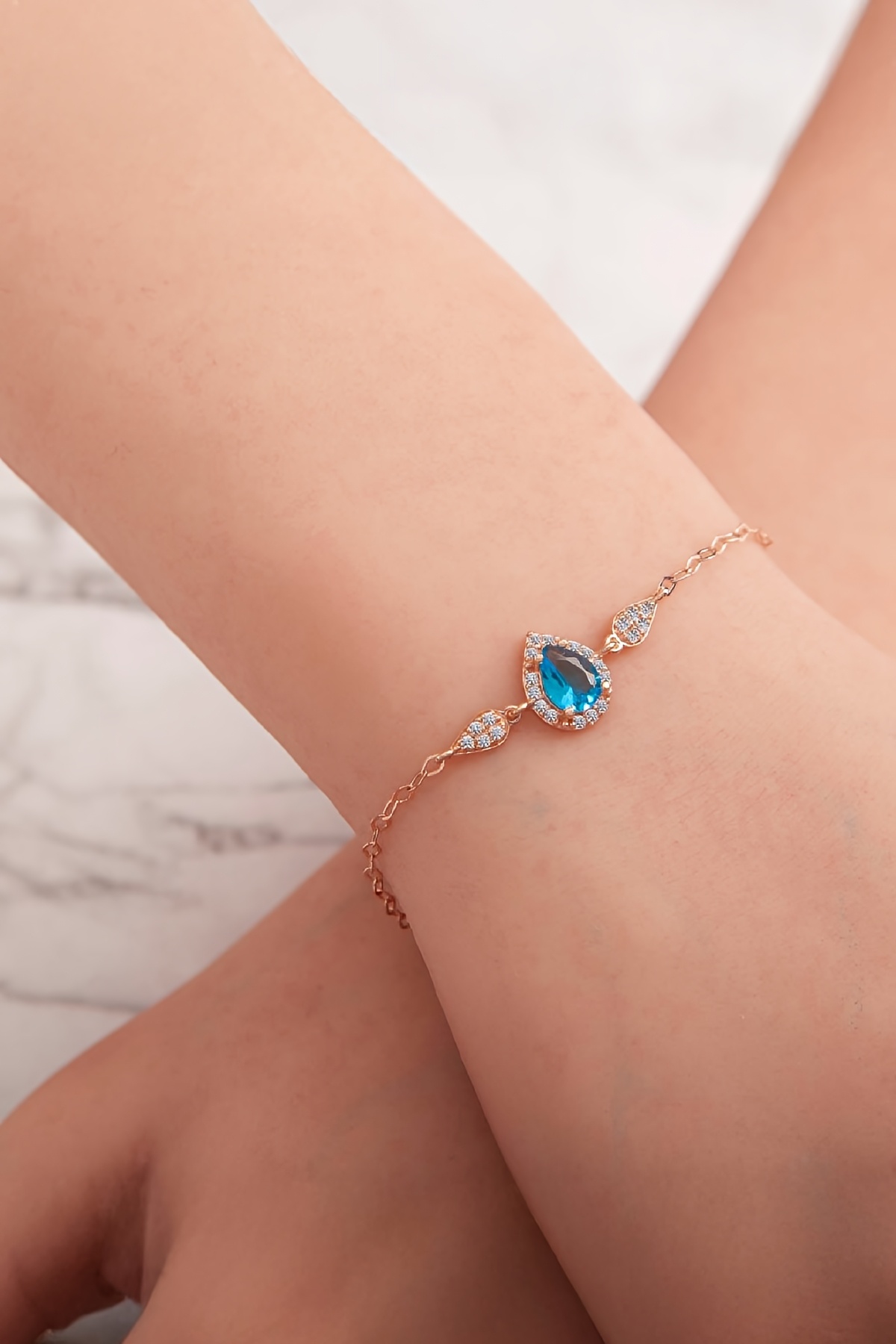 Aqua Taşlı Rose Renk 925 Ayar Gümüş Damla Bayan Bileklik