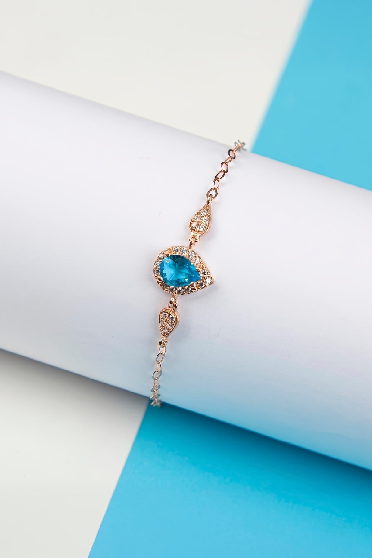 Aqua Taşlı Rose Renk 925 Ayar Gümüş Damla Bayan Bileklik